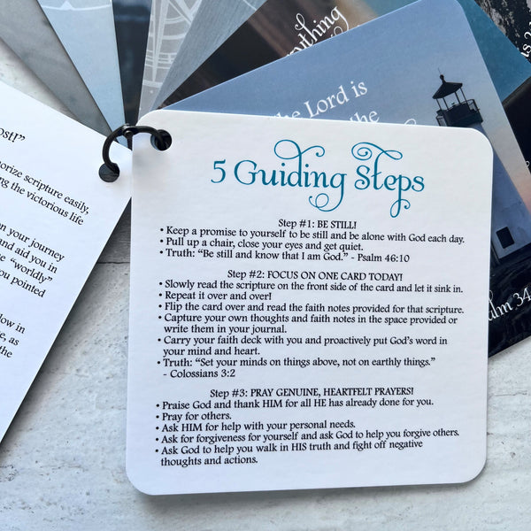 Bible verse cards / scripture cards with 5 guiding steps to a morning quiet time. Be still, focus on one scripture, pray heartfelt prayers, have crazy faith & repeat.