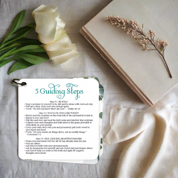 The 5 guiding steps of getting the most out of your quiet time card. The card is laying over a neutral colored cloth with white roses and a book laying beside it.