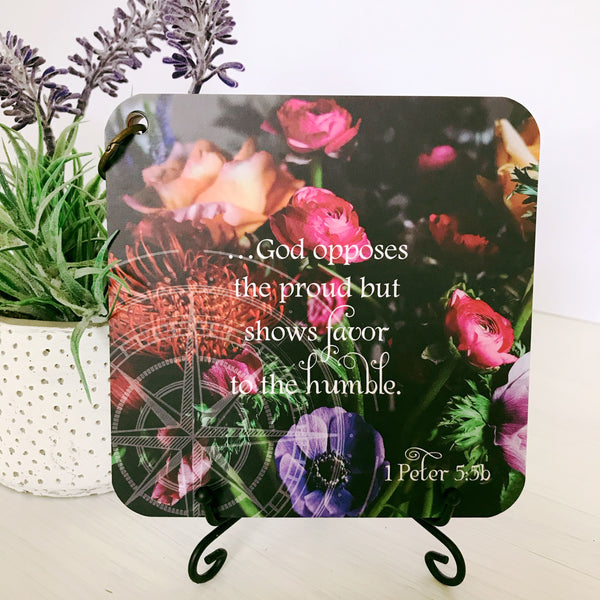 Scripture card displayed on the 4 inch black iron display easel.