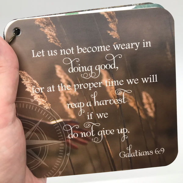 A gift of thanks scripture card of Galatians 6:9 let us not become weary in doing good printed over a photo of wheat.