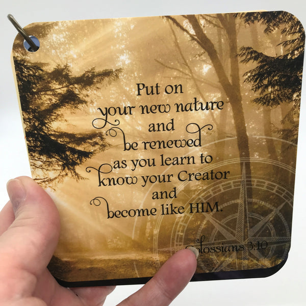 A gift of thanks scripture card of Colossians 3:10 put on a new nature printed over a photo of woods.