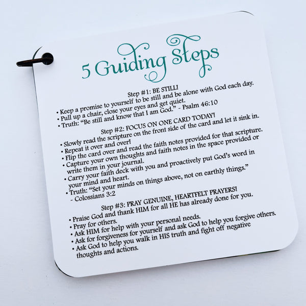 Five guiding steps card sharing the steps for  developing a personal relationship with God.