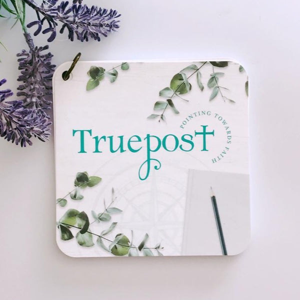 Truepost cover. Pointing towards faith with eucalyptus and purple flowers on cover. Inspirational gift for women. Bible verse gifts.