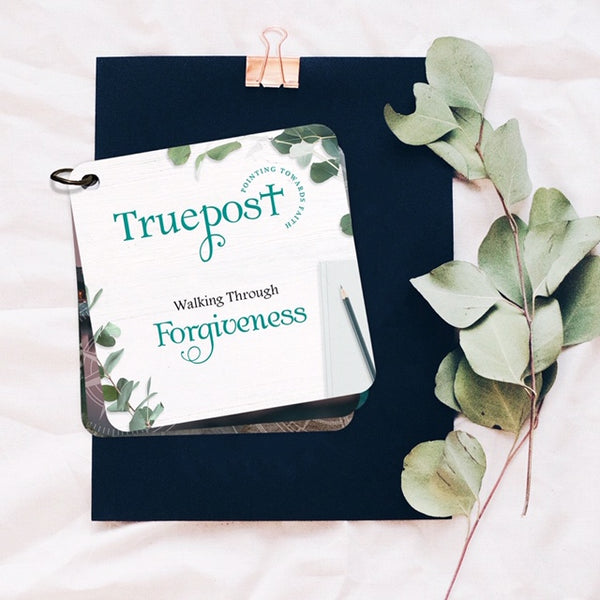 The cover of the Walking Through Forgiveness scripture devotional card set.  Bible verse gift idea.