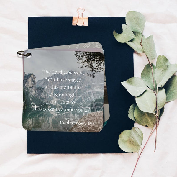 Scripture card with Deuteromony 1:6-7  printed over a photo of a mountain range. Bible verse card. on forgiveness