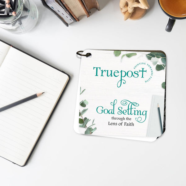 Cover of Truepost scripture devotional card set on goal setting through the lens of faith. Bible verse gift idea.