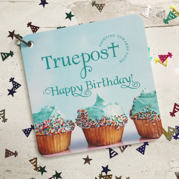 Happy Birthday scripture devotional cards gift with cupcakes with colorful sprinkles on top.