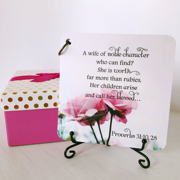 Gift box, scripture devotional card set and iron display easel.