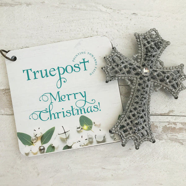 Merry Christmas Scripture Devotional Card Set with a silver cross.