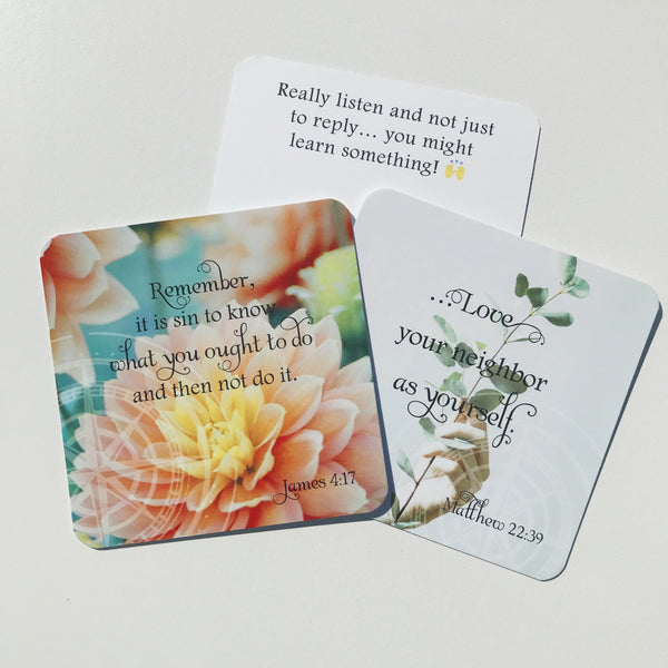 Two mini scripture cards with one motivational message from the back of one card.
