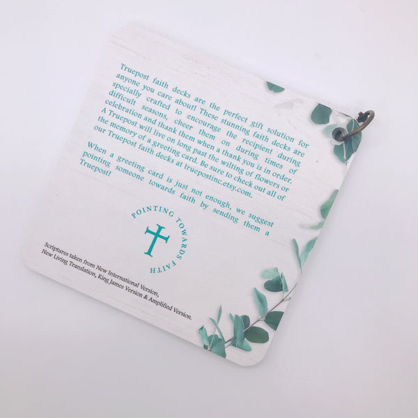 Truepost back cover card. Eucalyptus trims the outside of the photo. Pointing towards faith.