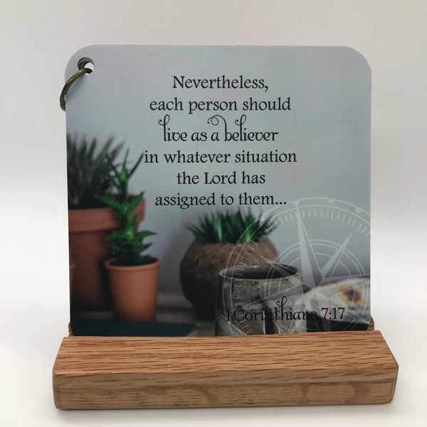 A scripture card with 1 Corinthians 7:17 printed over a colorful photograph of succulents in orange pots. 