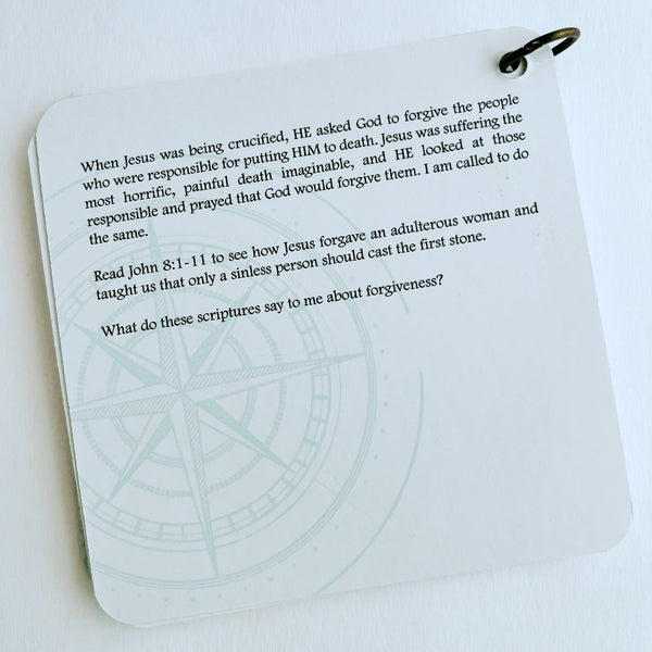 A copy of a devotion that is printed on the back of a scripture devotional card set. There is a compass rose printed in the background in turquoise.