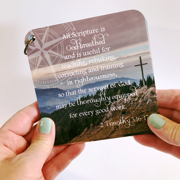 scripture devotional card of 2 Timothy 3:16-17 printed over a photo of a mountain scene. daily bible verse card.