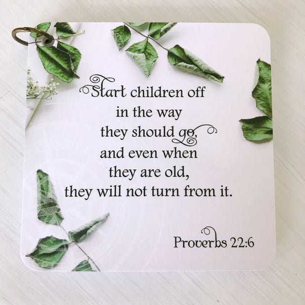 This card has Proverbs 22:6 printed over a photo of green stems and leaves on a white background. Daily scripture card.
