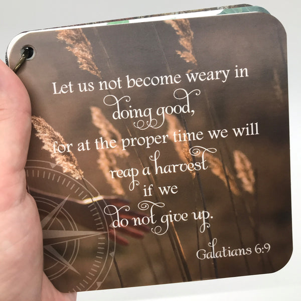 A gift of thanks scripture card of Galatians 6:9 let us not become weary in doing good printed over a photo of wheat. 