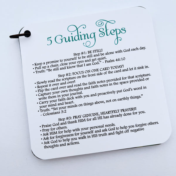 Five guiding steps card sharing the steps for  developing a personal relationship with God.