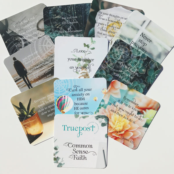 Closeup collage of mini scripture cards included in set. Scripture cards to hand out. Bible verse gift idea.