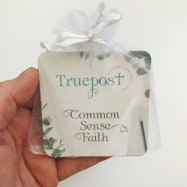Truepost Common Sense Faith mini scripture card cover & white organza bag. Mini scripture cards to hand out. Gifts with Bible verses on them.