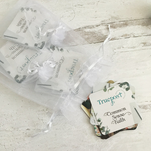 5 packages of the Mini scripture cards in a large organza bag. Small scripture cards to hand out. Mini scripture cards. Bible verse gift idea.