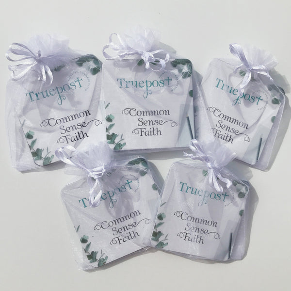5 sets of the Mini scripture cards wrapped in white organza bags. Mini Bible verse cards. Bible verse gift idea. Scripture cards to hand out.