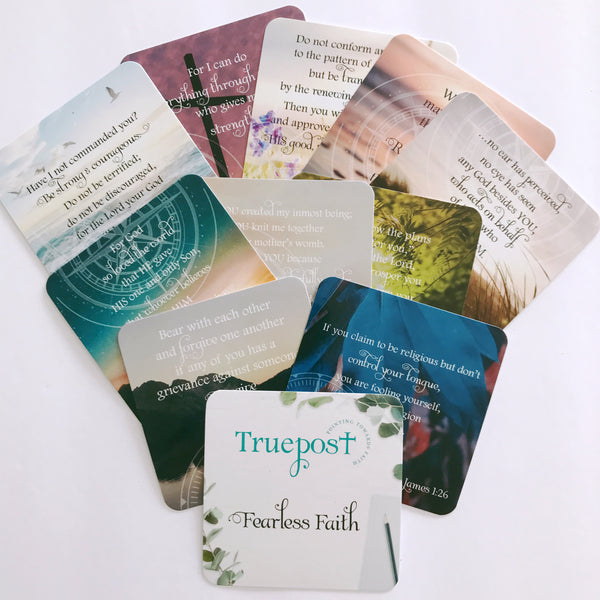Set of 10 mini scripture cards with scriptures printed over full colored photos.