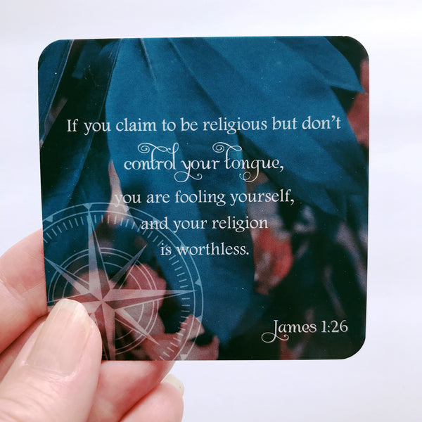 Mini scripture card with James 1:26 verse printed on it. Daily scripture cards.