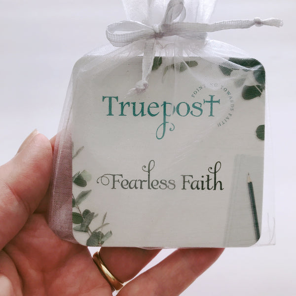 Truepost fearless faith mini scripture card cover & white organza bag. Mini scripture cards to hand out. Gifts with Bible verses on them.