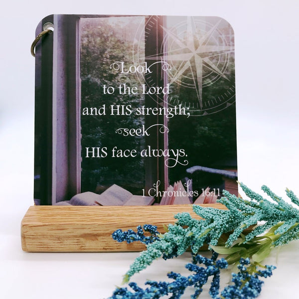 Scripture cards with stand made from an oak church pew.