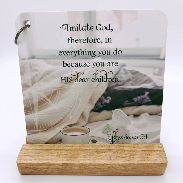 Scripture cards in an oak display easel.
