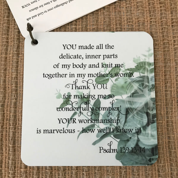 Scripture card of Psalm 139:13-14 printed over a photo of eucalyptus.