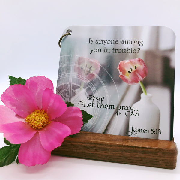 Walnut scripture card stand and scripture cards.